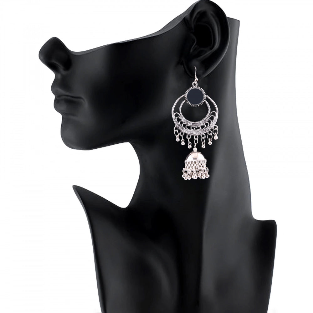 Women's Silver Oxidized Hook Dangler Hanging Afgani Tribal Fancy Earrings-Silver