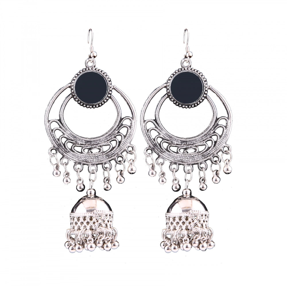 Women's Silver Oxidized Hook Dangler Hanging Afgani Tribal Fancy Earrings-Silver