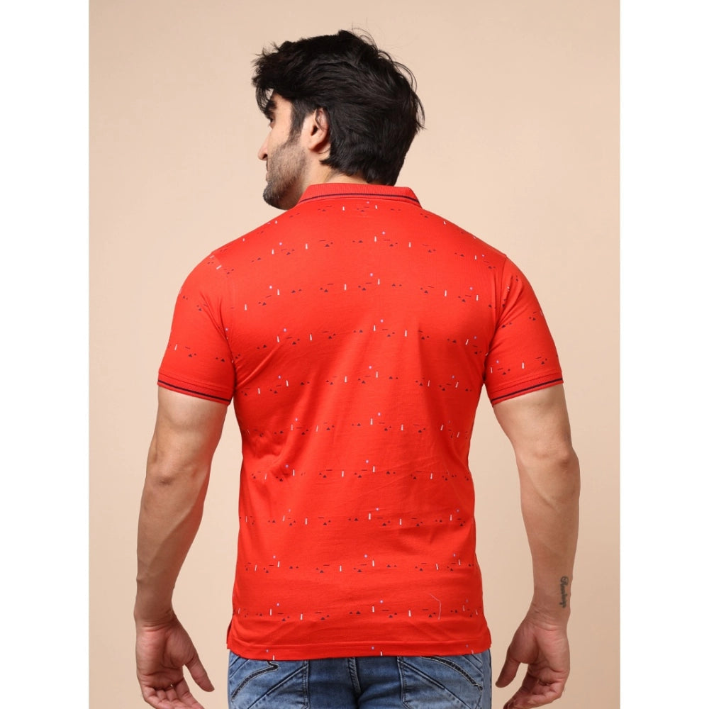 Men's Casual Cotton Printed Polo Neck Half Sleeve T-Shirt (Red)