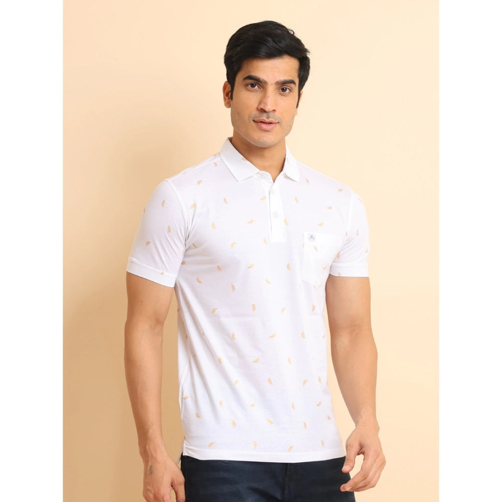 Men's Casual Cotton Printed Polo Neck Half Sleeve T-Shirt (White)