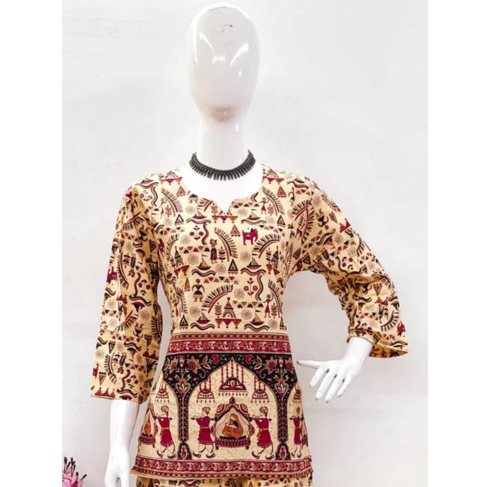 Women's Cotton Jaipuri Printed 3-4th Sleeve Co ord Set (Multicolor)