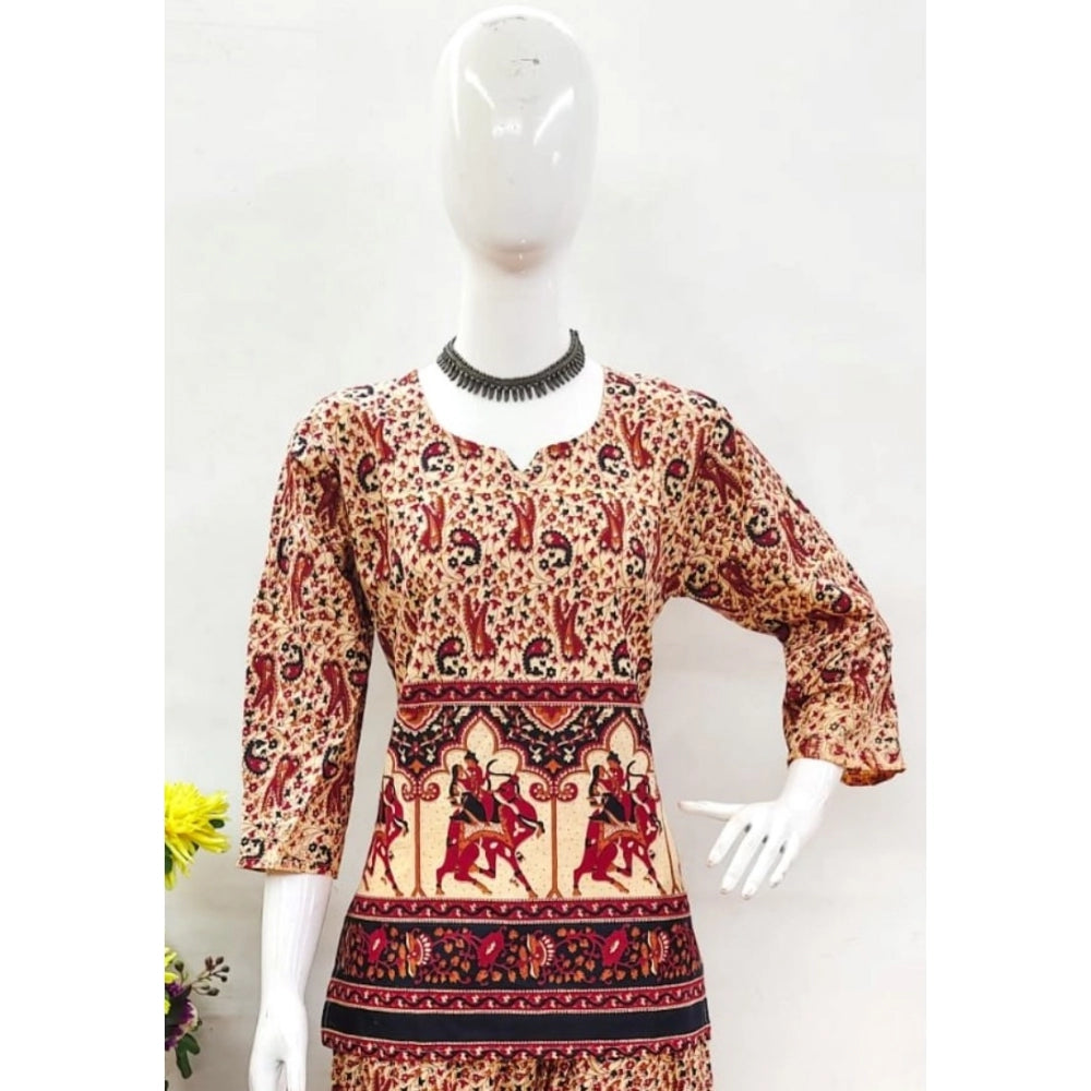 Women's Cotton Jaipuri Printed 3-4th Sleeve Co ord Set (Multicolor)