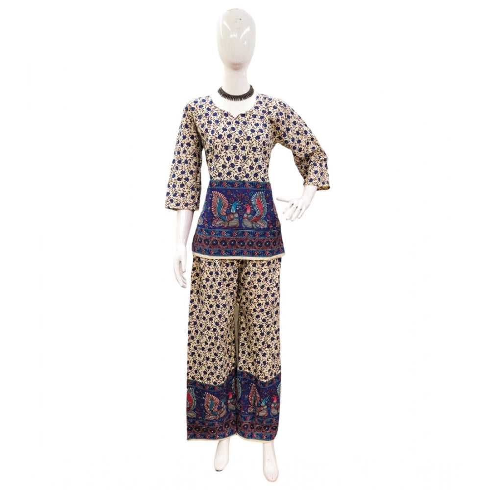 Women's Cotton Jaipuri Printed 3-4th Sleeve Co ord Set (Multicolor)