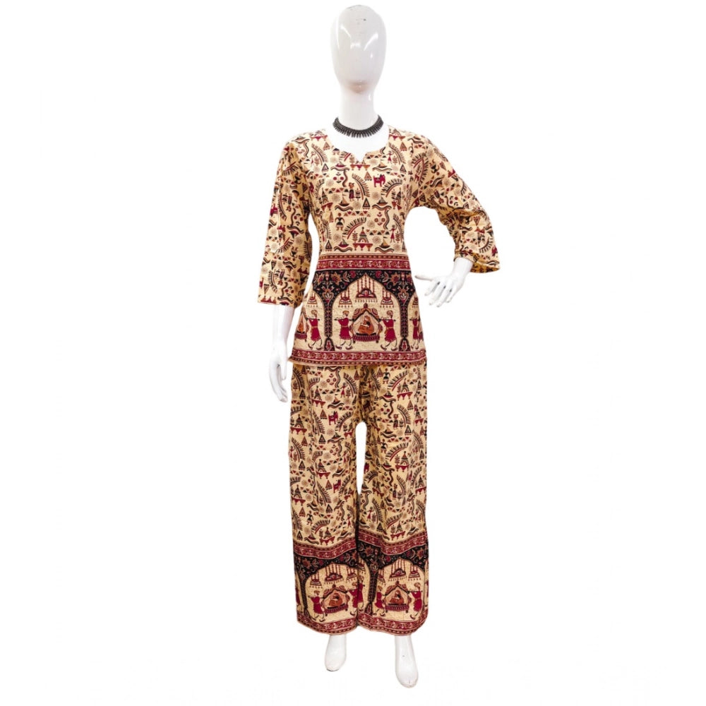 Women's Cotton Jaipuri Printed 3-4th Sleeve Co ord Set (Multicolor)