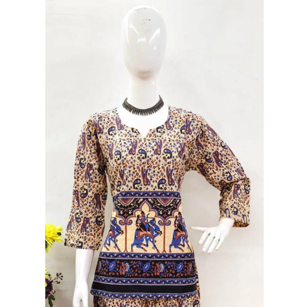Women's Cotton Jaipuri Printed 3-4th Sleeve Co ord Set (Multicolor)