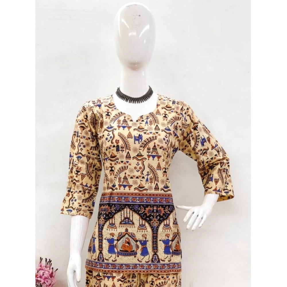 Women's Cotton Jaipuri Printed 3-4th Sleeve Co ord Set (Multicolor)
