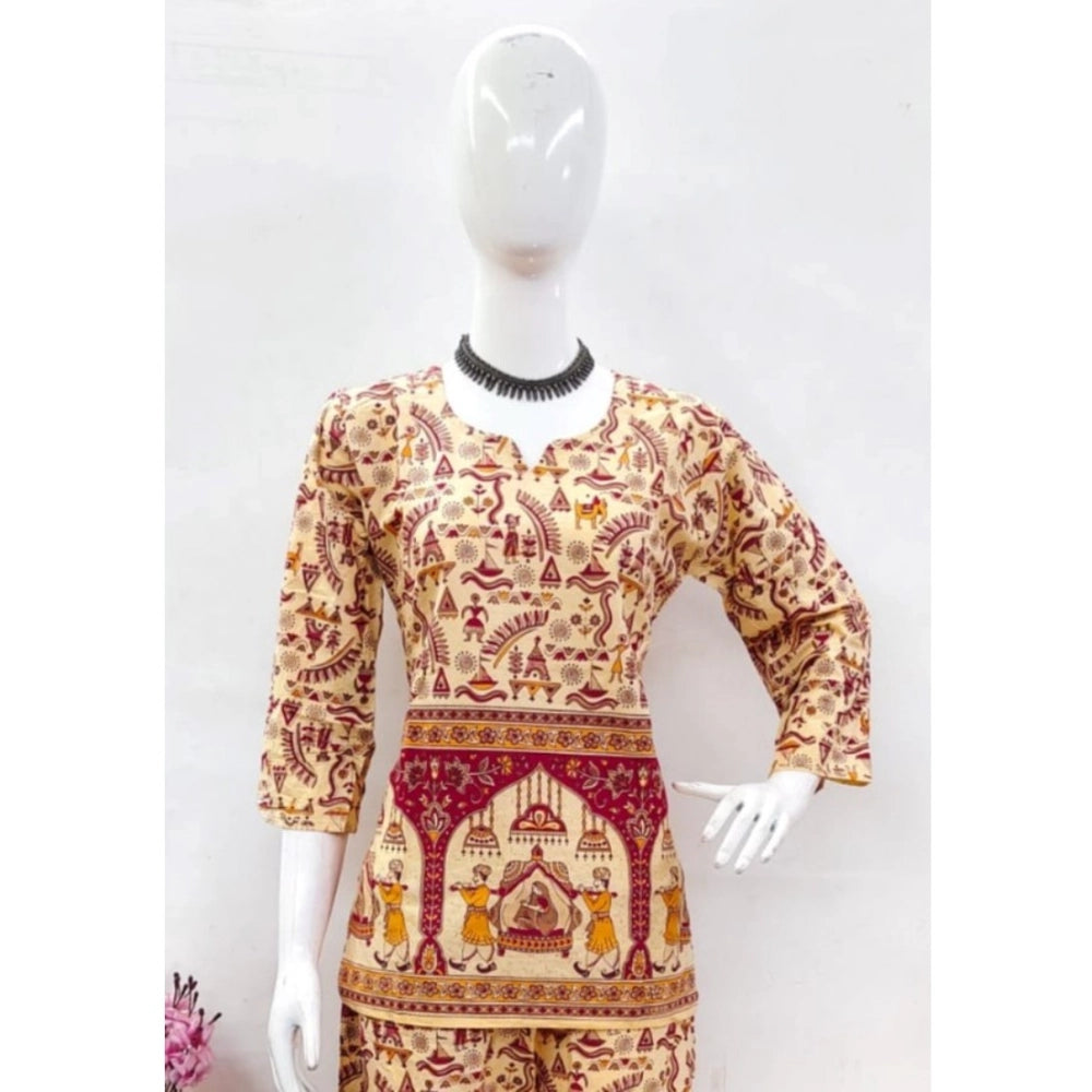 Women's Cotton Jaipuri Printed 3-4th Sleeve Co ord Set (Multicolor)