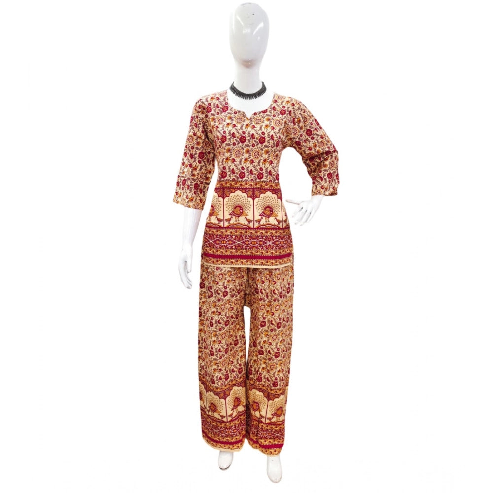 Women's Cotton Jaipuri Printed 3-4th Sleeve Co ord Set (Multicolor)