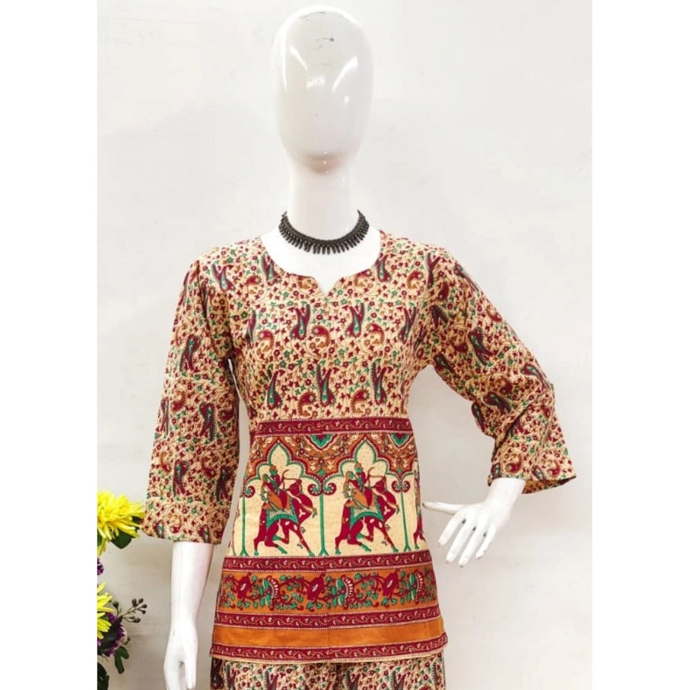 Women's Cotton Jaipuri Printed 3-4th Sleeve Co ord Set (Multicolor)