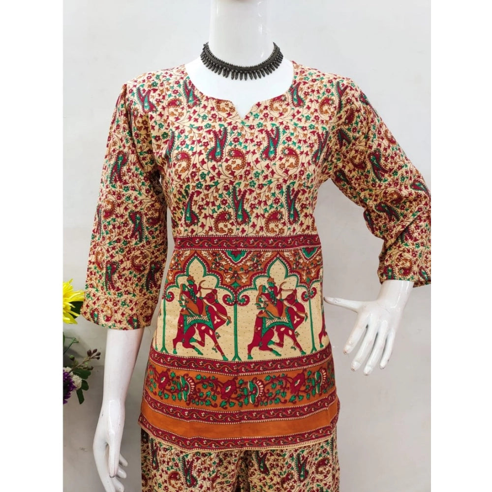 Women's Cotton Jaipuri Printed 3-4th Sleeve Co ord Set (Multicolor)
