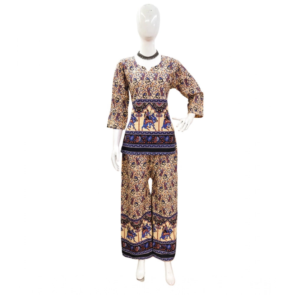 Women's Cotton Jaipuri Printed 3-4th Sleeve Co ord Set (Multicolor)