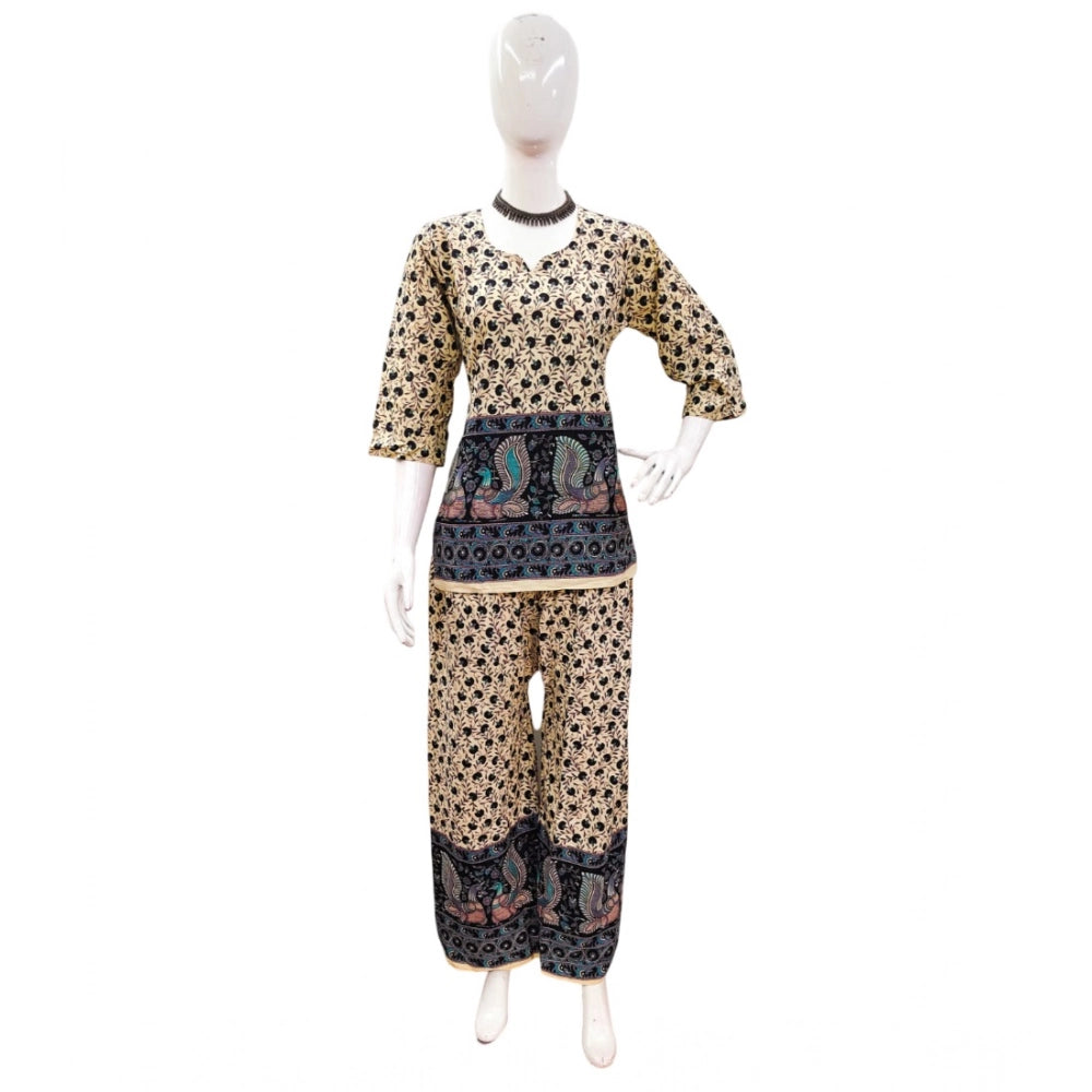 Women's Cotton Jaipuri Printed 3-4th Sleeve Co ord Set (Multicolor)