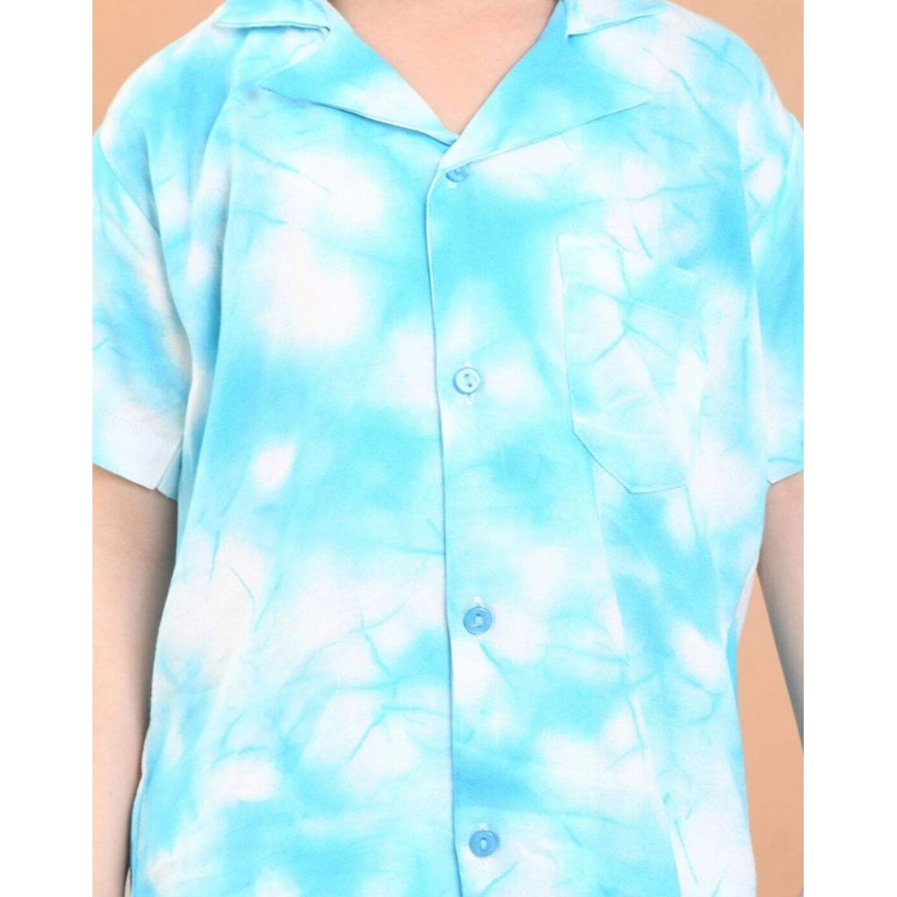 Boy's Twill Cotton Printed Short Sleeve Shirt And Shorts Set (Sky Blue)