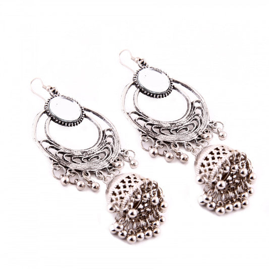 Women's Silver Oxidized Hook Dangler Hanging Afgani Tribal Fancy Earrings-Silver