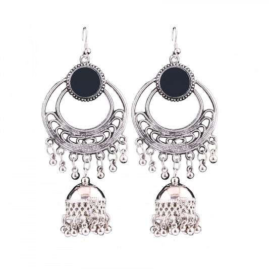 Women's Silver Oxidized Hook Dangler Hanging Afgani Tribal Fancy Earrings-Silver