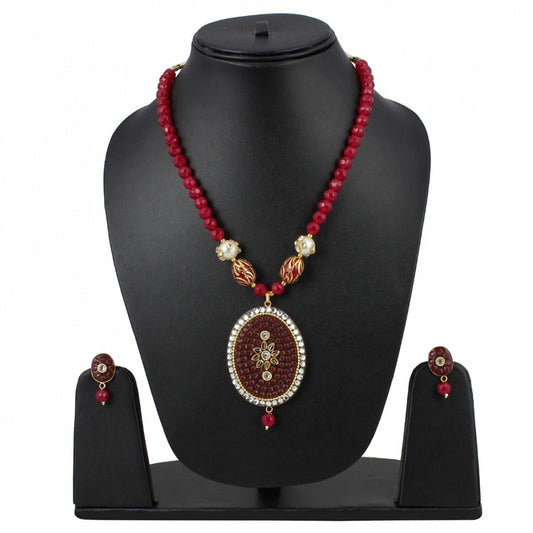 Women's Stylish Maroon Golde Plated Traditional Kundan Necklace Set with Earrings (Color: Red)