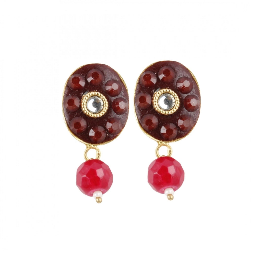Women's Stylish Maroon Golde Plated Traditional Kundan Necklace Set with Earrings (Color: Red)