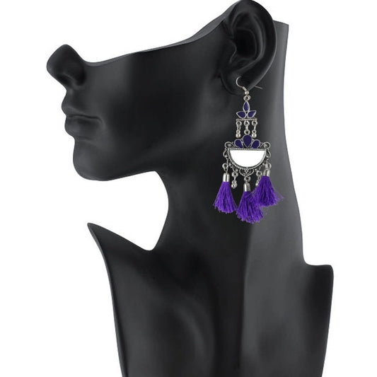 Women's Silver Plated Afgani Tassel Earring (Color: Purple)