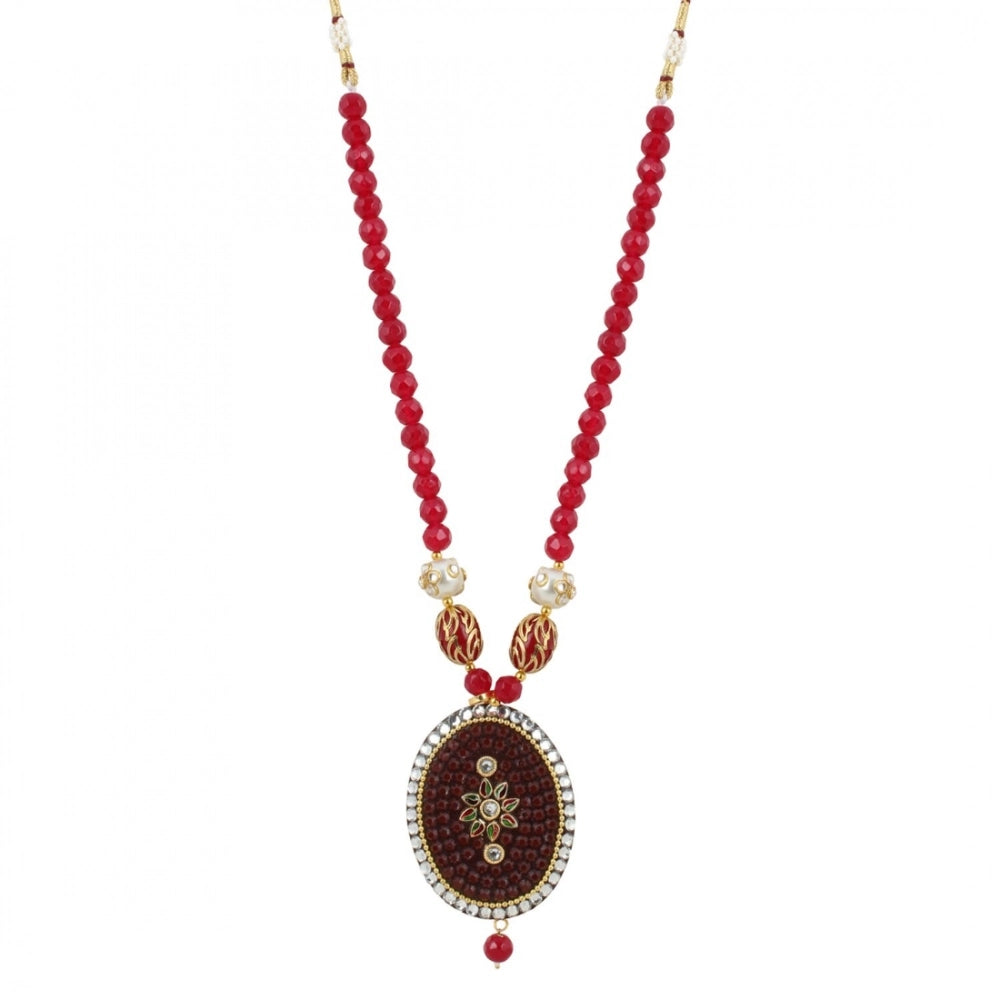 Women's Stylish Maroon Golde Plated Traditional Kundan Necklace Set with Earrings (Color: Red)