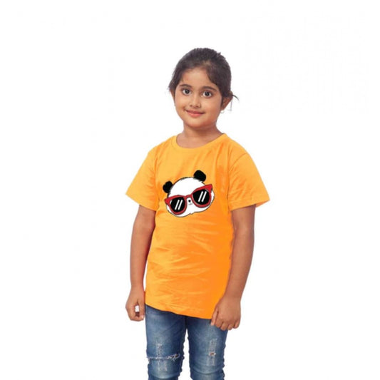 Girls Cotton Panda Glass Half Sleeve TShirt (Mustard)