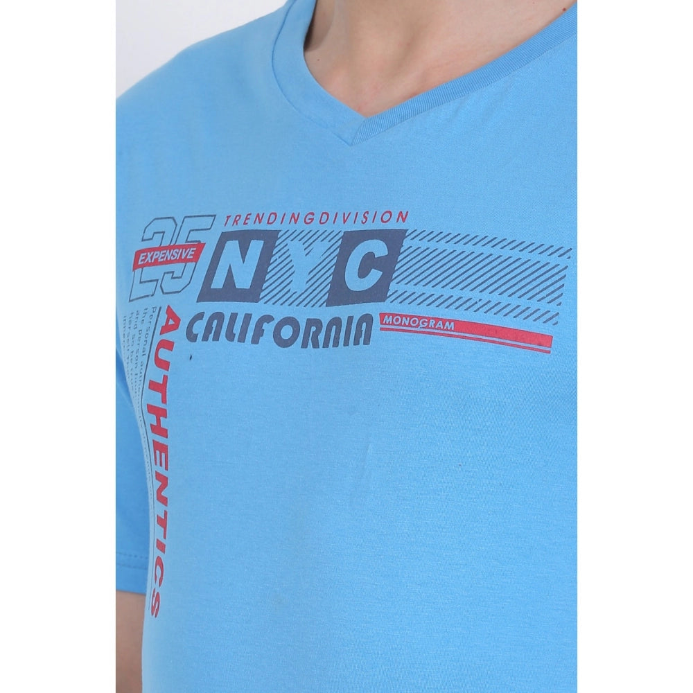 Men's Cotton Jersey V Neck Printed Tshirt (Turquoise Blue)