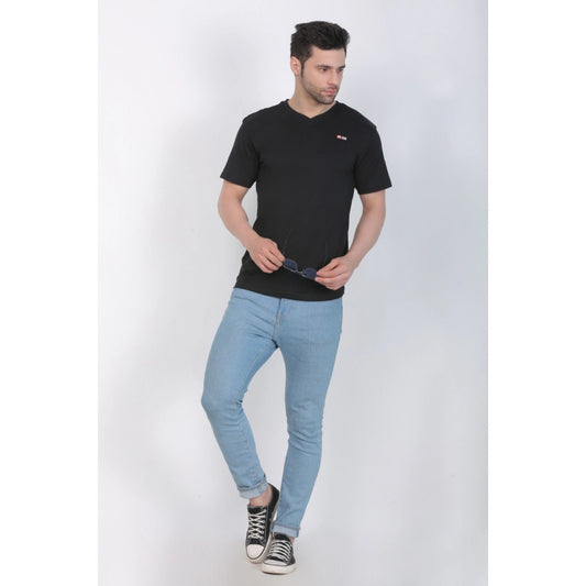 Men's Cotton Jersey V Neck Plain Tshirt (Black)