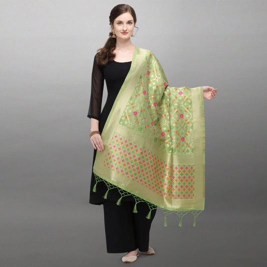 Women's Silk Pure Zari weaving Duppatta (Light Green, Length: 2-2.3 Mtrs)