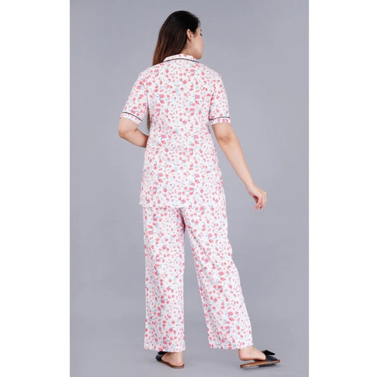 Women's Casual Half Sleeve Printed Viscose Rayon Shirt With Pyjama Pant Night Suit Set (Baby Pink)