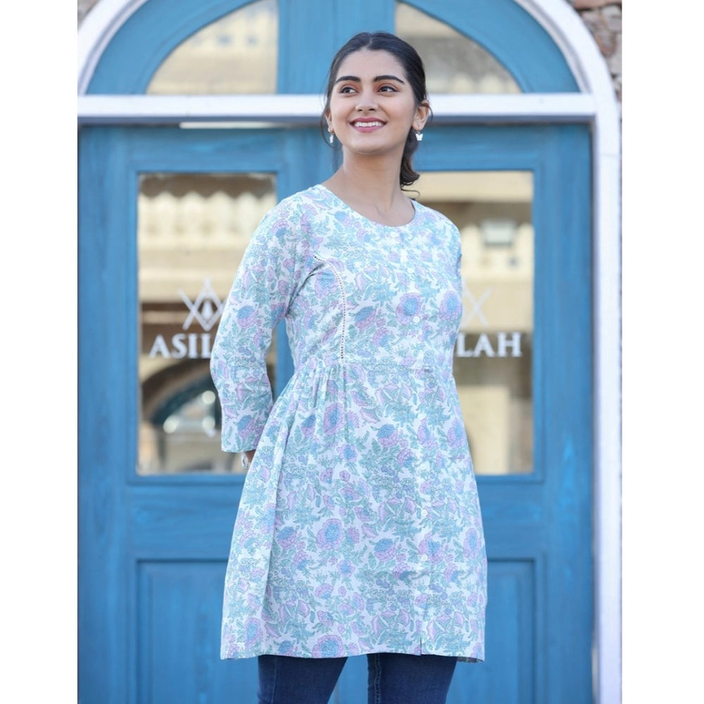 Women's Cotton Printed 3/4 Sleeve Round Neck Tunics (White-Purple)