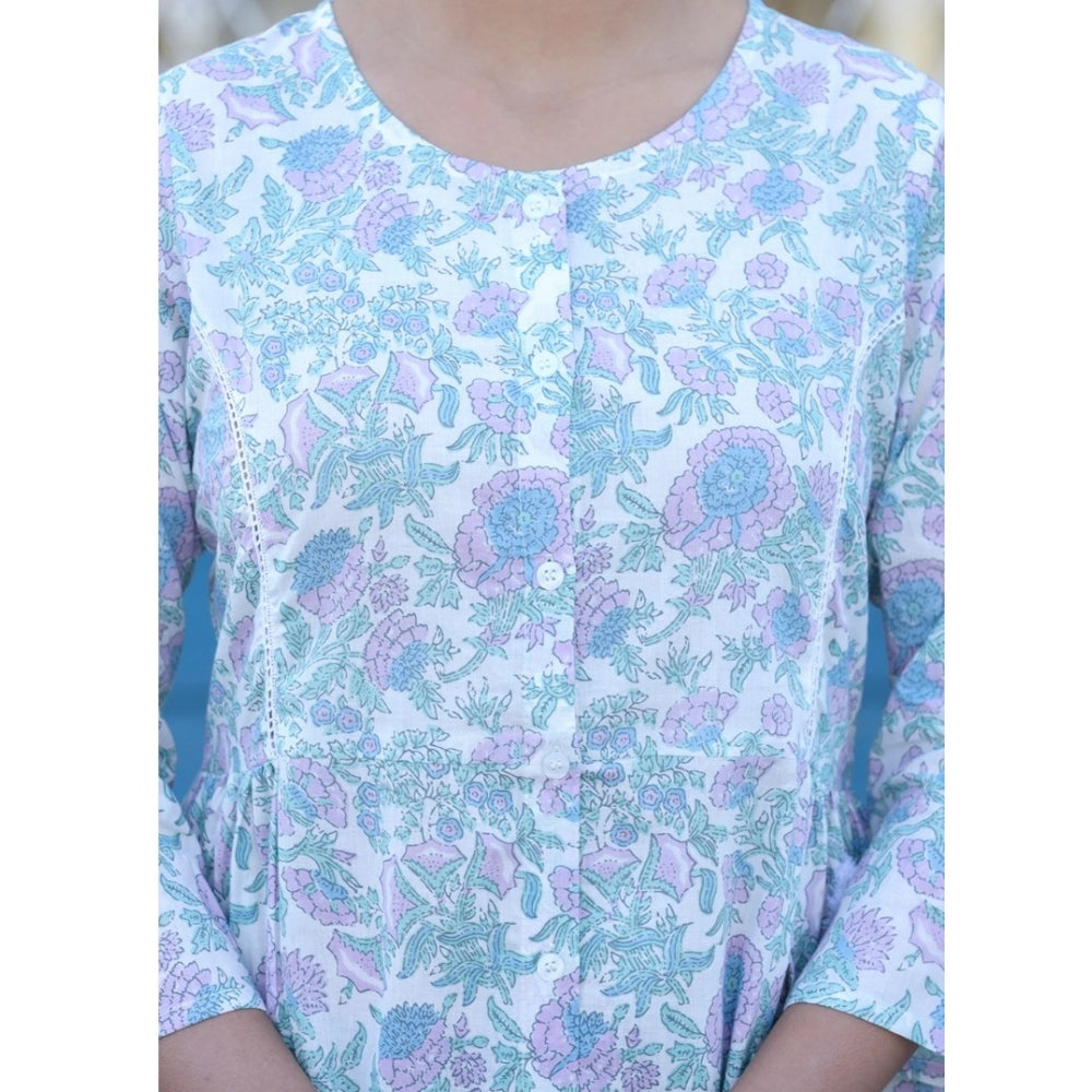 Women's Cotton Printed 3/4 Sleeve Round Neck Tunics (White-Purple)