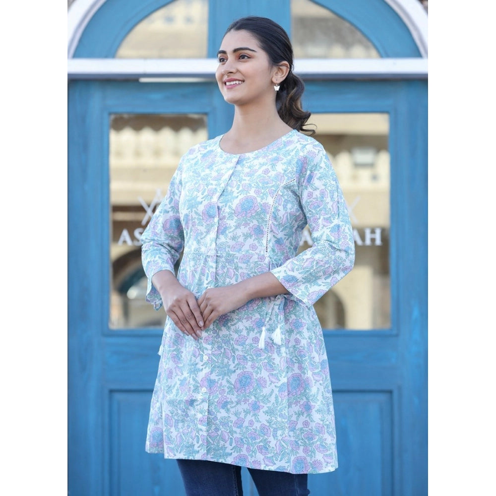 Women's Cotton Printed 3/4 Sleeve Round Neck Tunics (White-Purple)
