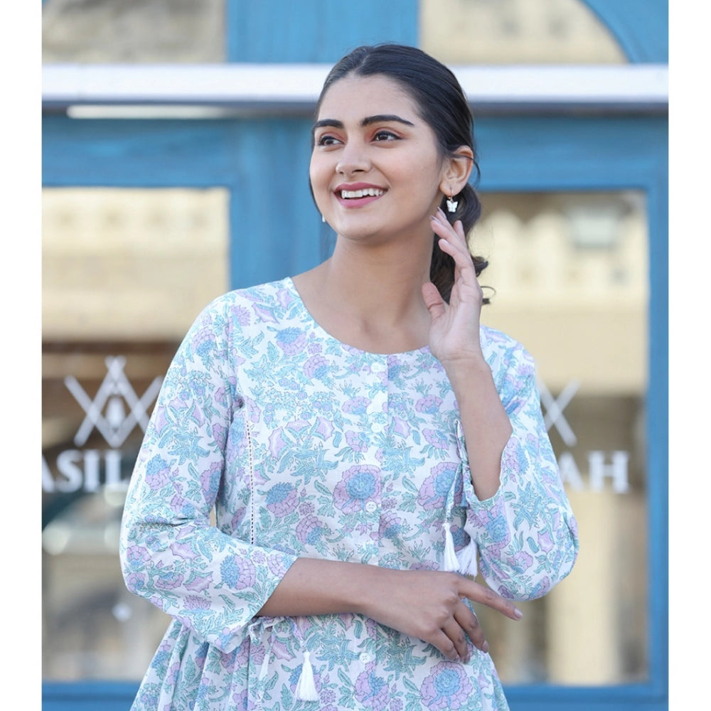 Women's Cotton Printed 3/4 Sleeve Round Neck Tunics (White-Purple)