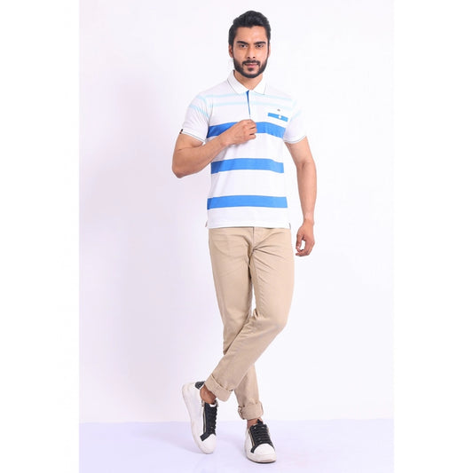 Men's Casual Cotton Printed Polo Neck Half Sleeve T-Shirt (White)