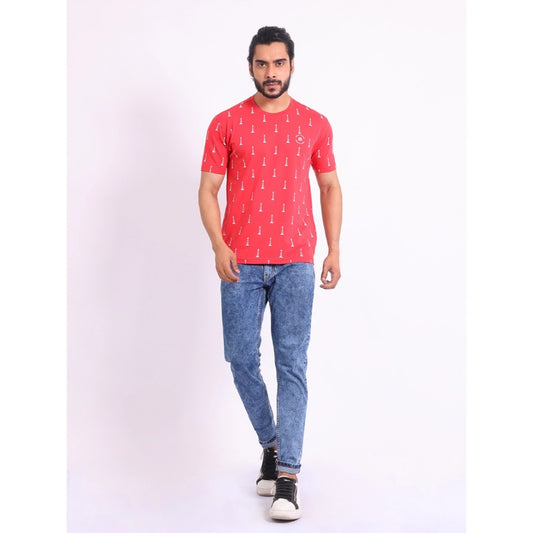 Men's Casual Cotton Printed Round Neck Half Sleeve T-Shirt (Red)