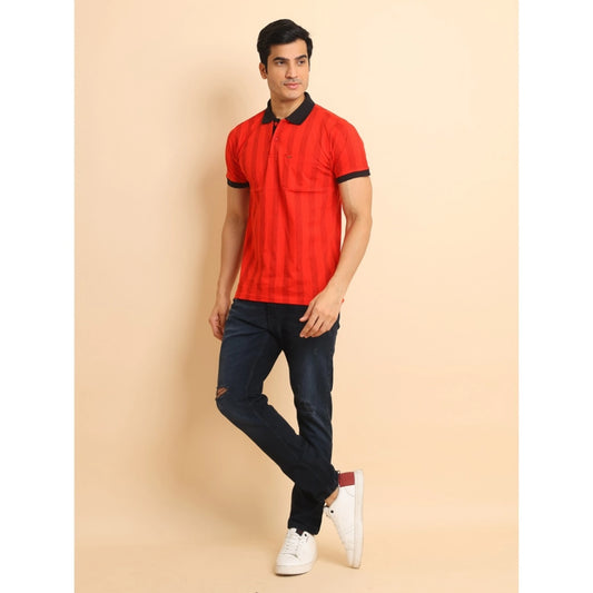 Men's Casual Cotton Printed Polo Neck Half Sleeve T-Shirt (Red)