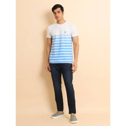 Men's Casual Cotton Printed Round Neck Half Sleeve T-Shirt (Blue)