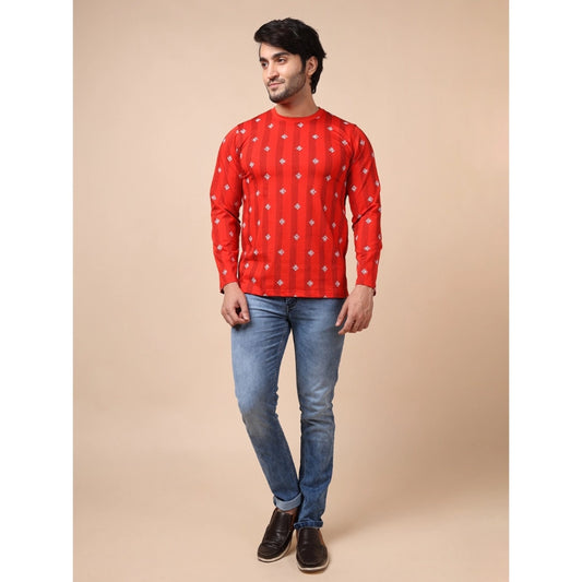 Men's Casual Cotton Printed Round Neck Full Sleeve T-Shirt (Red)