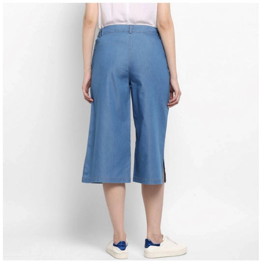 Generic Women's Denim Solid Buttoned Below Knee Culottes (Light Blue)