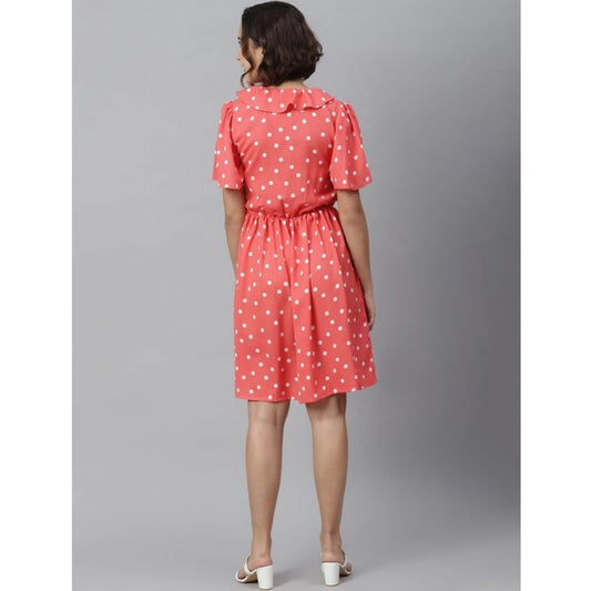 Women's Polyester Polka Flutter Above Knee Dress (Coral)