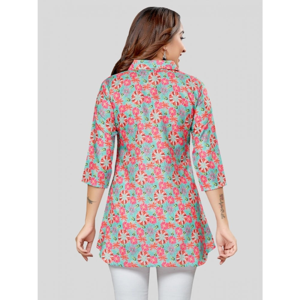 Women's Cotton Blend Collared Neck 3/4 Sleeves Short Top (Teal Green)