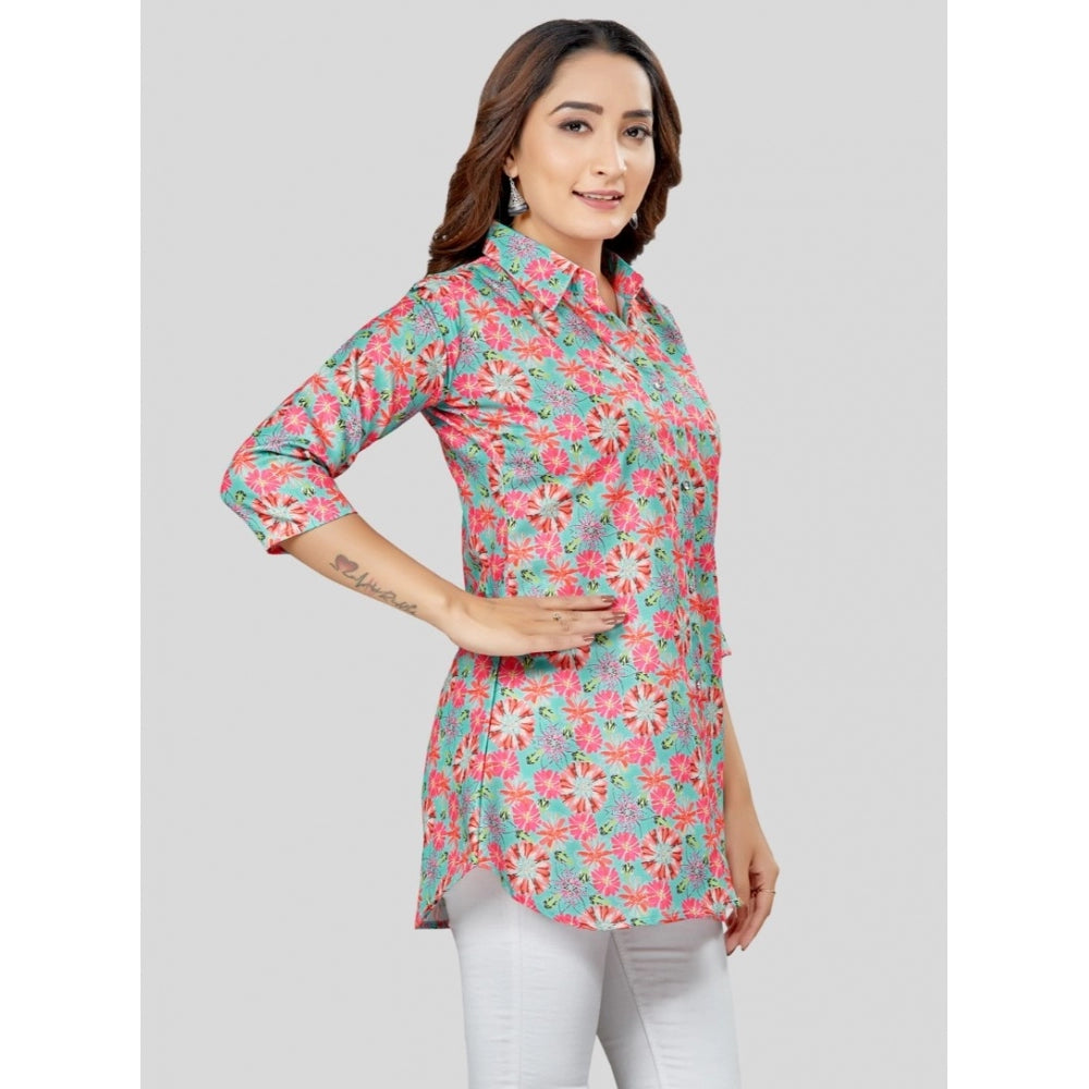 Women's Cotton Blend Collared Neck 3/4 Sleeves Short Top (Teal Green)