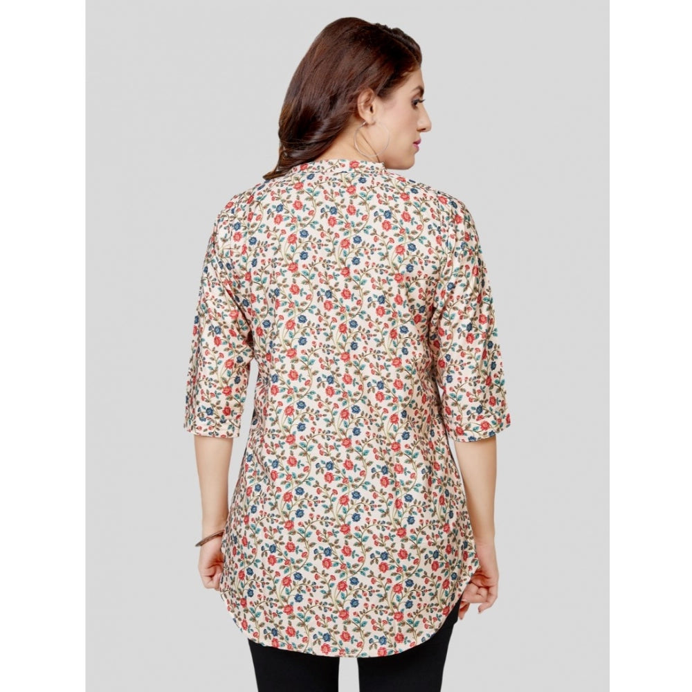 Women's Poly Crepe Mandarin Collar 3/4 Sleeves Short Top (Beige)