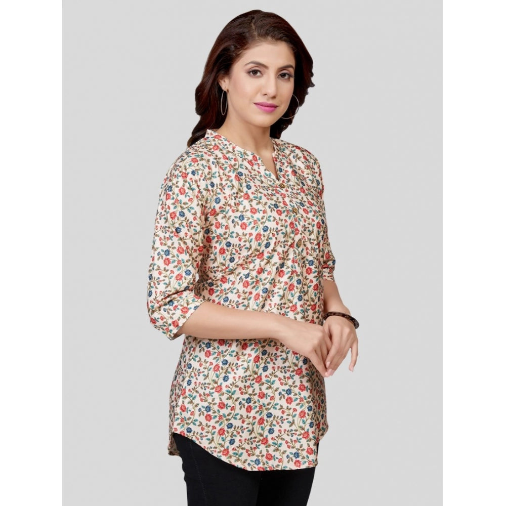Women's Poly Crepe Mandarin Collar 3/4 Sleeves Short Top (Beige)