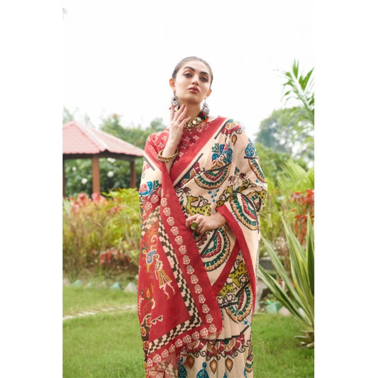 Women's Tussar Silk Printed Saree With Unstitched Blouse (Maroon, 5.5 Mtr)