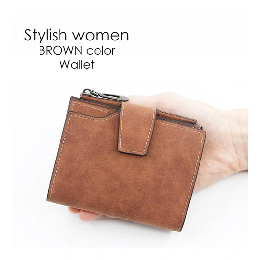 Women's Vegan Leather Small Zipper Wallet (Brown )