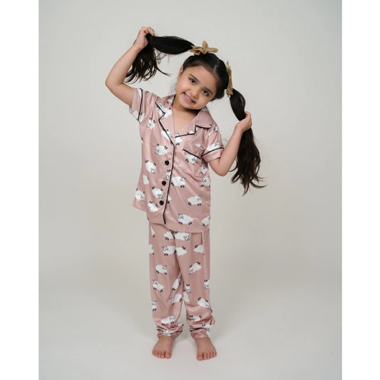Girl's Silk Bleand Printed Short Sleeve Night Suit Set (Brown)