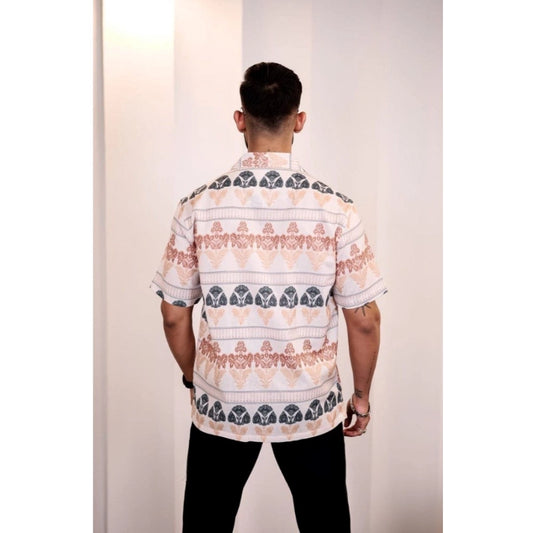 Men's Linen Printed Half Sleeve Shirt (Cream Orange)