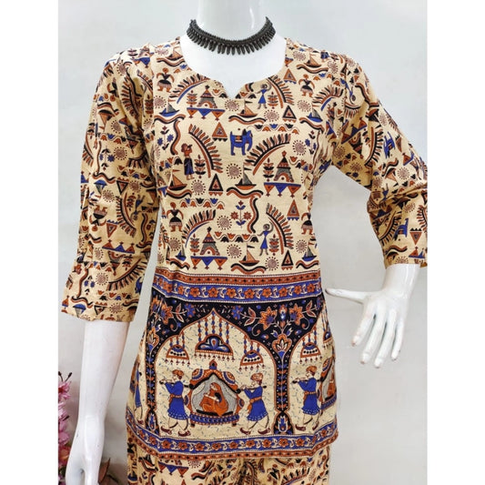 Women's Cotton Jaipuri Printed 3-4th Sleeve Co ord Set (Multicolor)