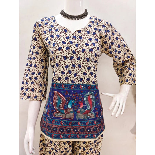 Women's Cotton Jaipuri Printed 3-4th Sleeve Co ord Set (Multicolor)