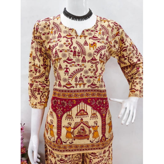 Women's Cotton Jaipuri Printed 3-4th Sleeve Co ord Set (Multicolor)